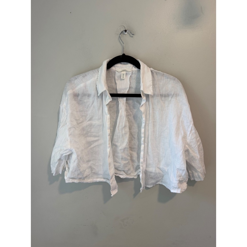 HM White Linen Cropped Button Down Shirt Women Small Short Sleeve Relaxed Top